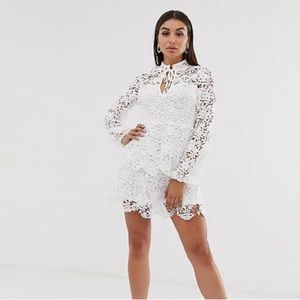 Missguided dress with crochet layer detail and tie front in white